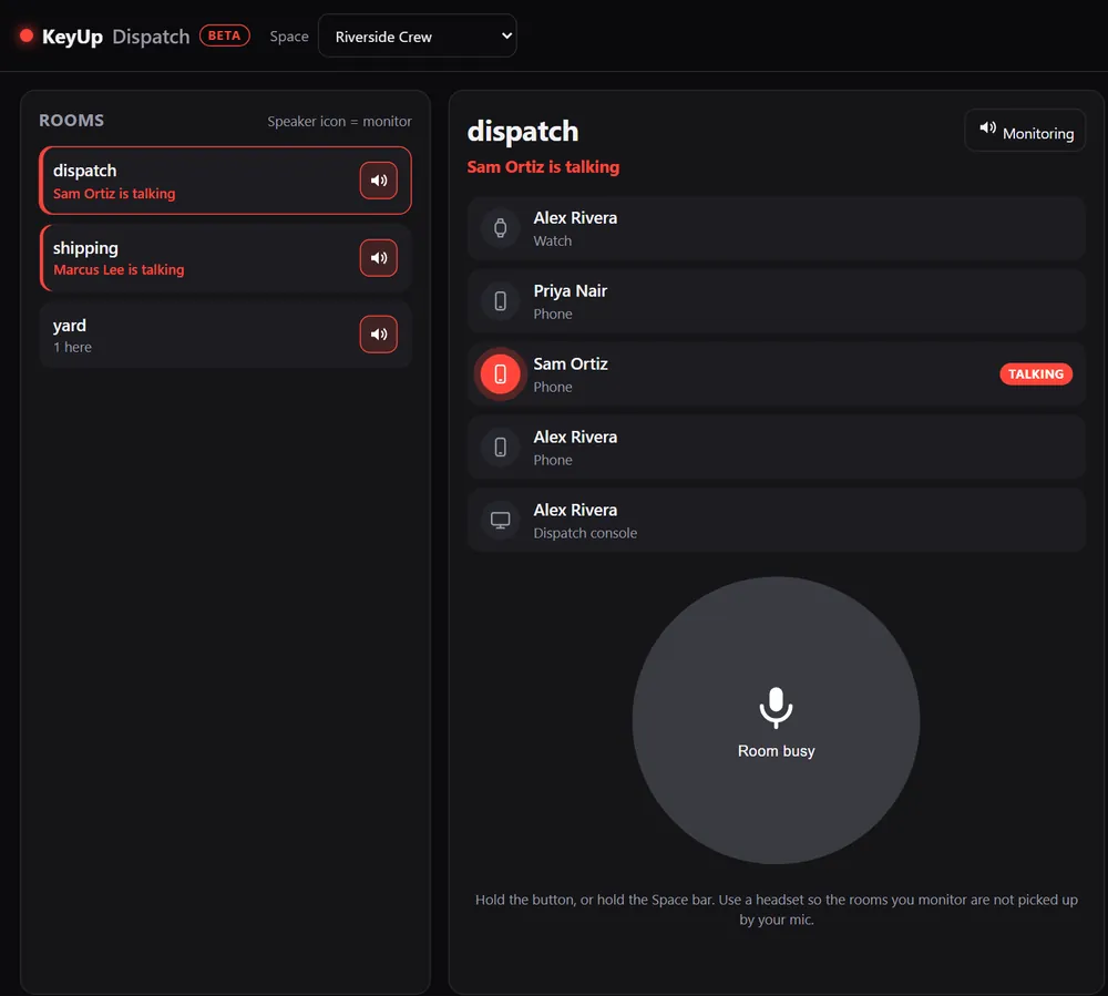 The KeyUp dispatch console with two rooms live
