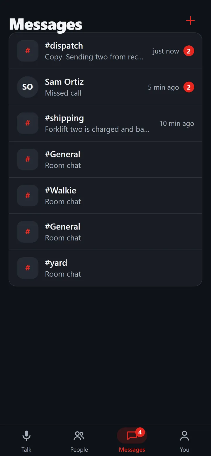 The web app’s Messages tab with rooms and a missed call from Sam Ortiz, and unread counts.