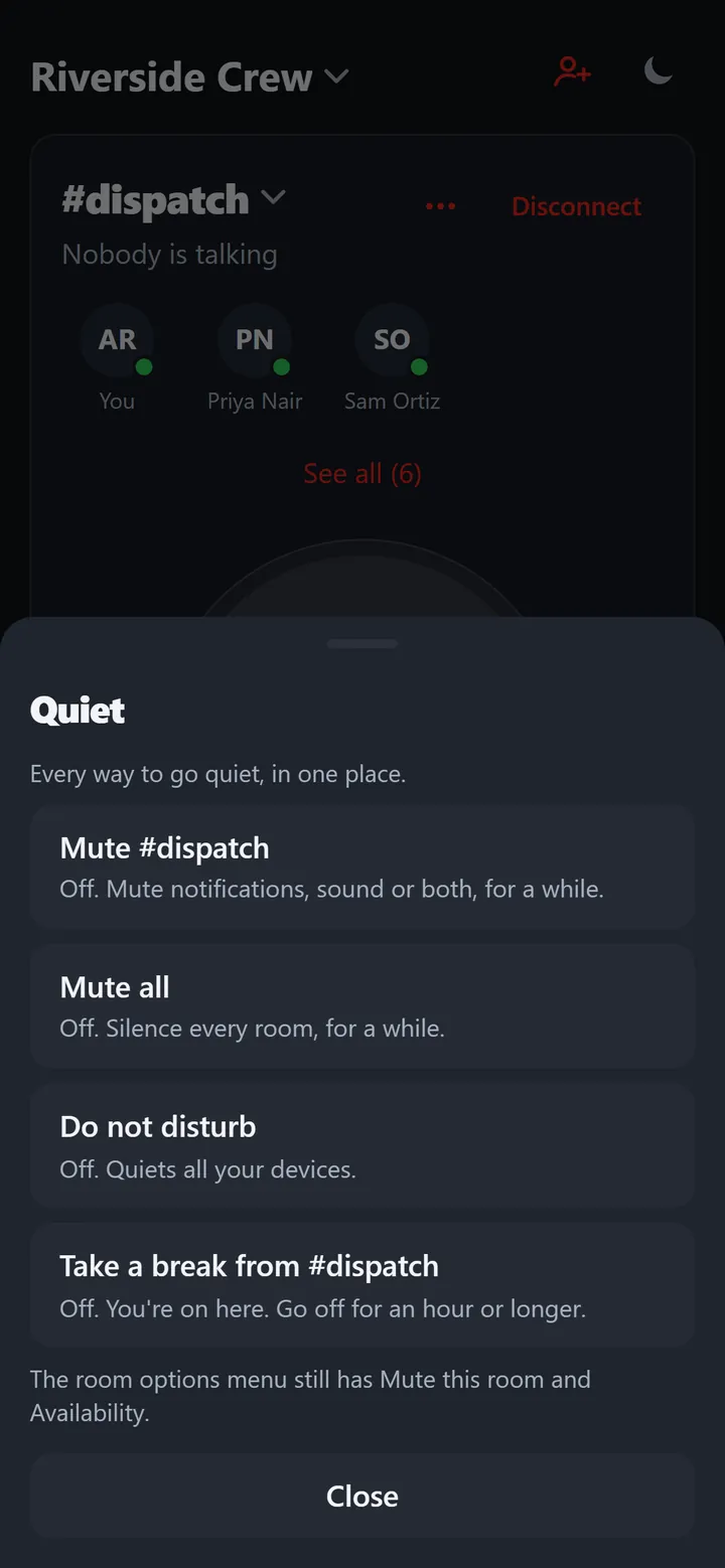 The web app’s Quiet sheet: Mute #dispatch, Mute all, Do not disturb and Take a break from #dispatch.