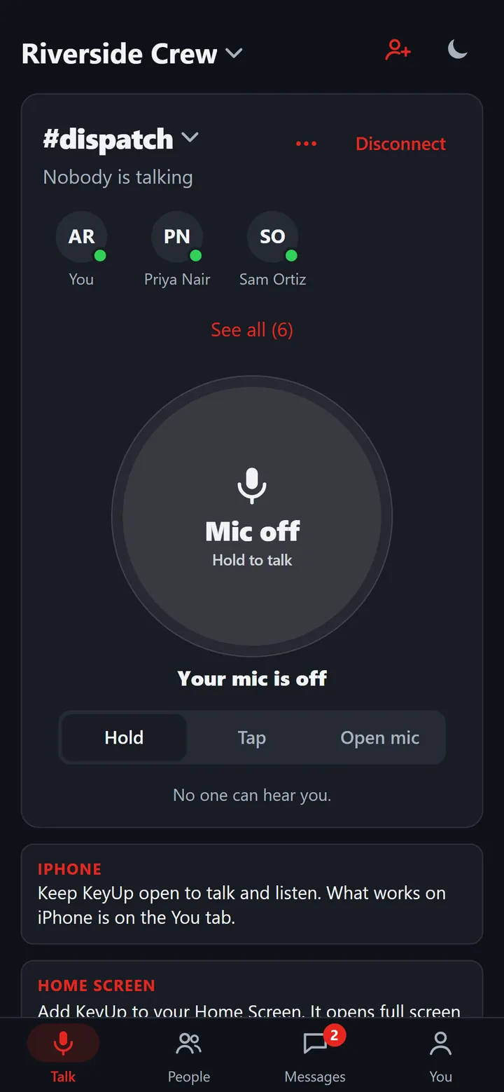 The web app’s Talk tab on iPhone in dark mode: Riverside Crew, the #dispatch card with three people, a Mic off button, the Hold, Tap, Open mic switch and an iPhone note.
