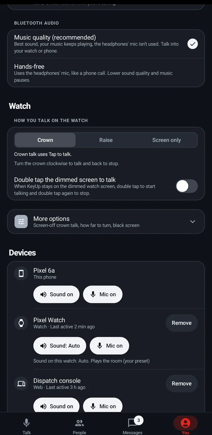 Bluetooth audio in KeyUp: Music quality (recommended) and Hands-free