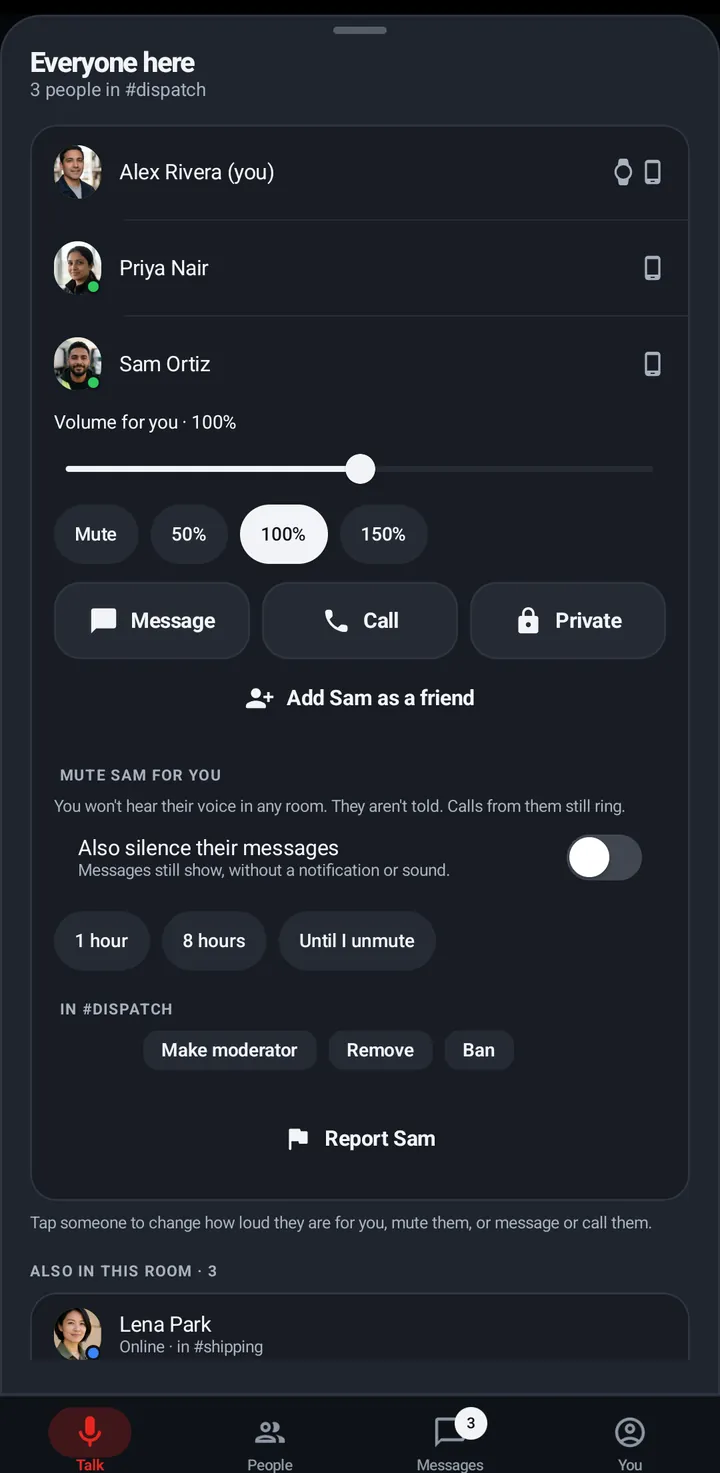 The Everyone here sheet with Sam opened: Volume for you at 100% with Mute, 50%, 100%, 150%, then Message, Call, Private, Add Sam as a friend, Mute Sam for you, Make moderator, Remove, Ban and Report Sam.