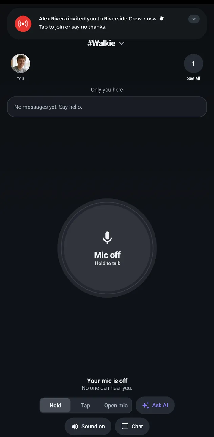 A notification at the top of the Talk tab: “Alex Rivera invited you to Riverside Crew. Tap to join or say no thanks.”