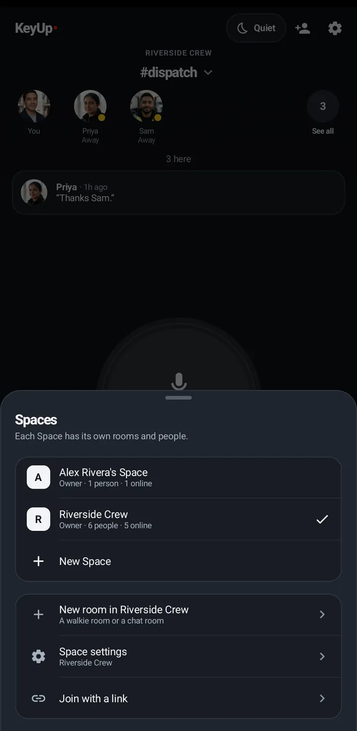 Manage Spaces with New Space, Join with a link and each Space with New room and Space settings.