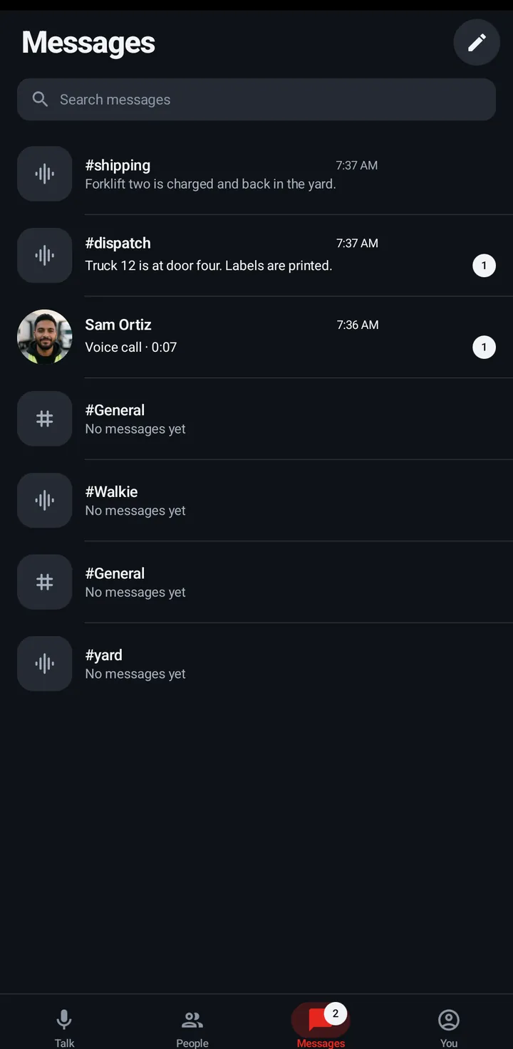 The Messages tab: Search messages, then #shipping, #dispatch, a voice call with Sam Ortiz and the other rooms, with unread counts.