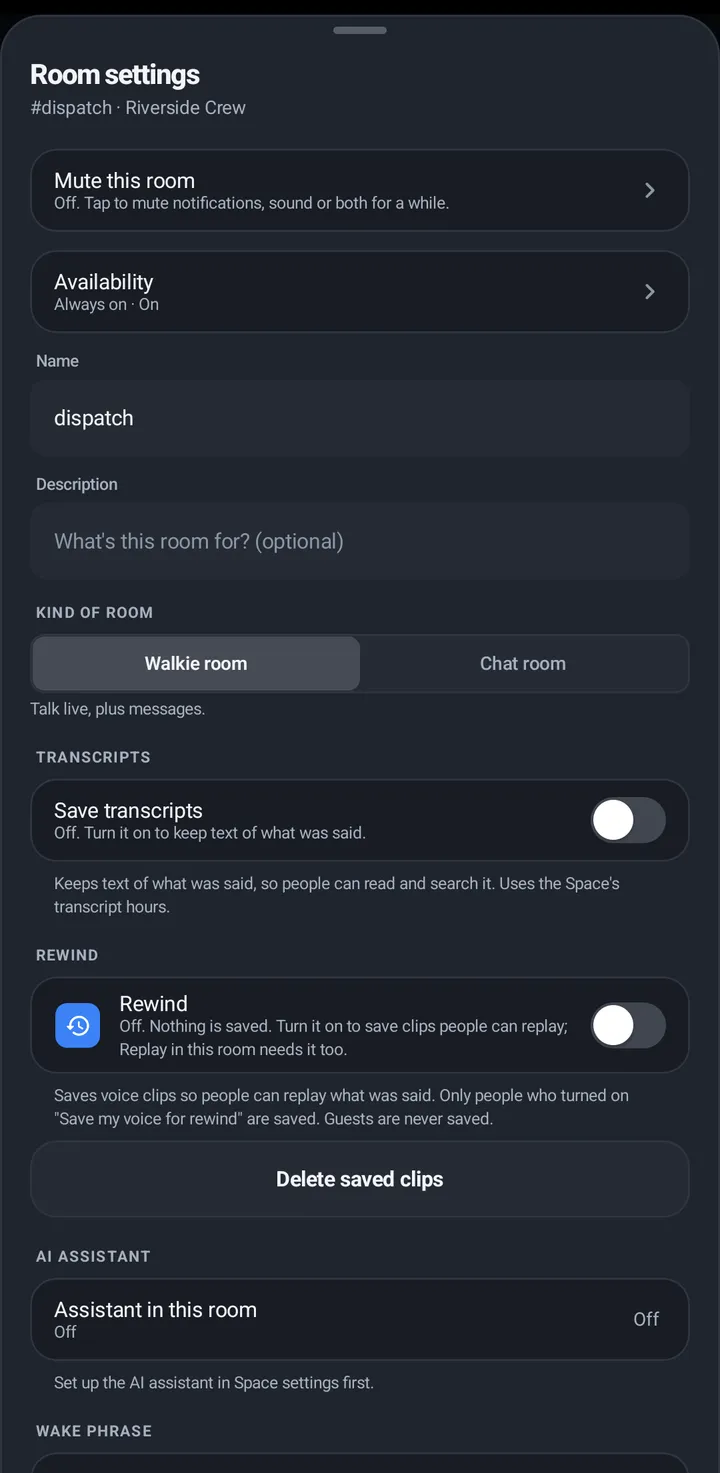 Room settings for an admin: Mute this room, Availability, Name and Description, Kind of room, and the Transcripts, Rewind and AI assistant switches.