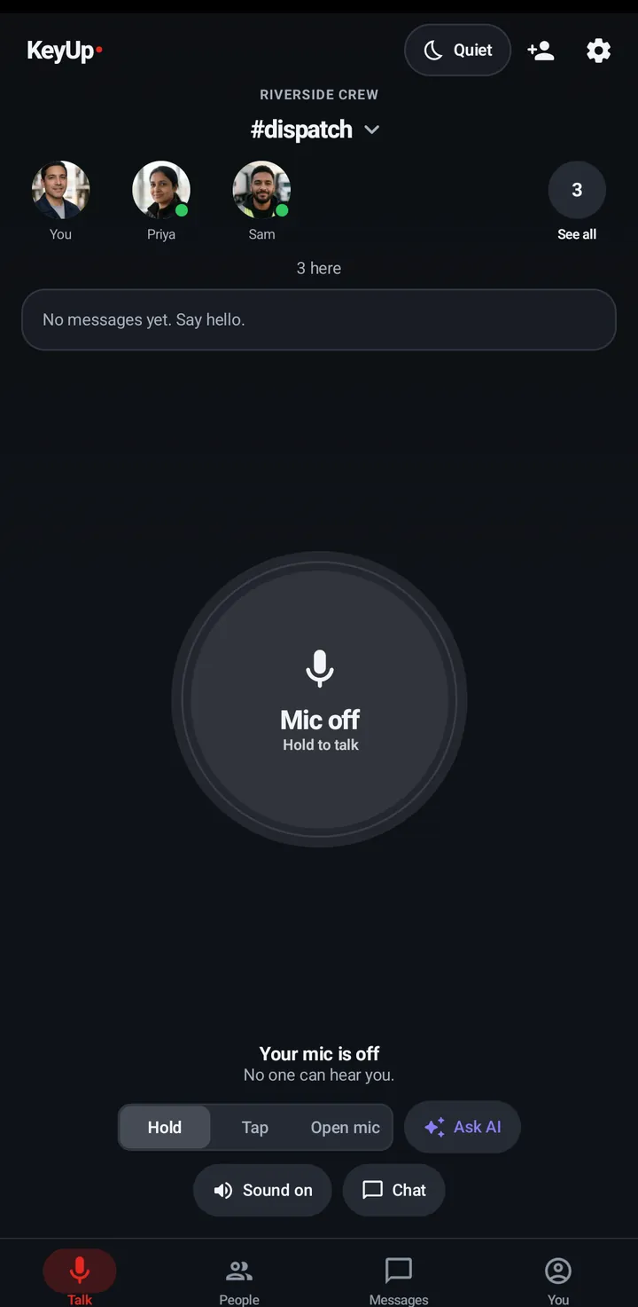 The Talk tab in #dispatch: three faces at the top, a grey Mic off button that says Hold to talk, and the Hold, Tap, Open mic switch with Ask AI under it.