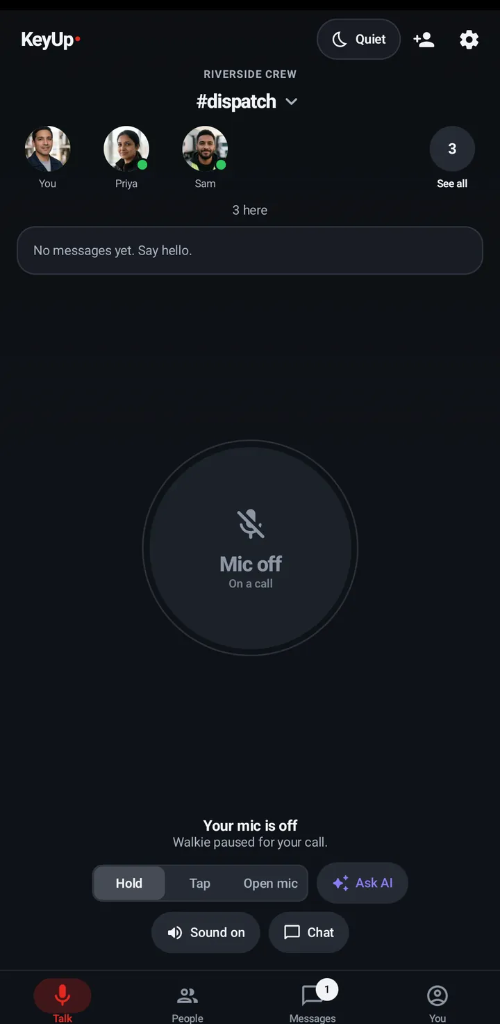 The Talk tab during a call: a grey Mic off button that says On a call, and “Walkie paused for your call.”