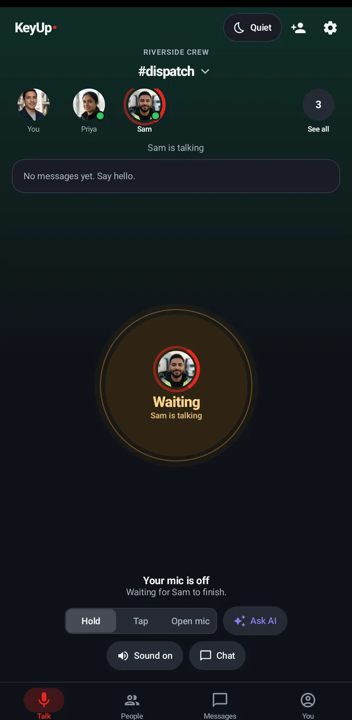 The KeyUp talk screen on an Android phone while a crew member talks