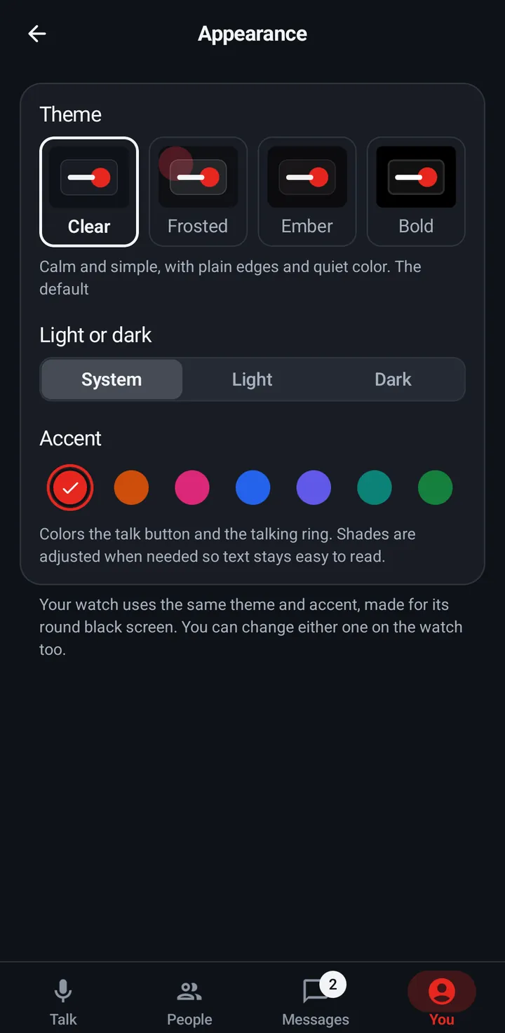 You › Appearance: Theme tiles Clear, Frosted, Ember and Bold, Light or dark (System, Light, Dark), and Accent swatches.