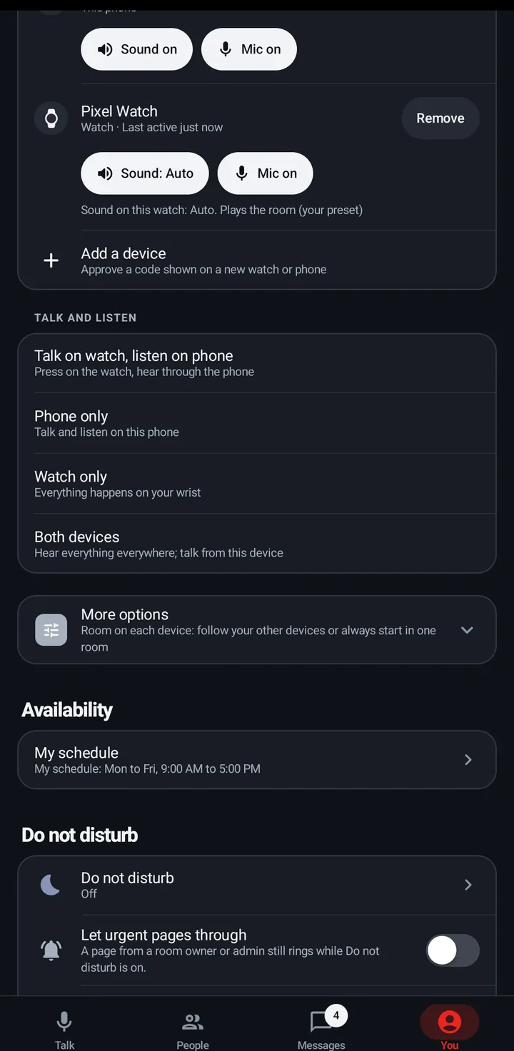 You › Devices: Pixel 6a (This phone) and Pixel Watch with Sound and Mic chips and Remove, Add a device, and Talk and listen with Talk on watch, listen on phone, Phone only and Watch only.