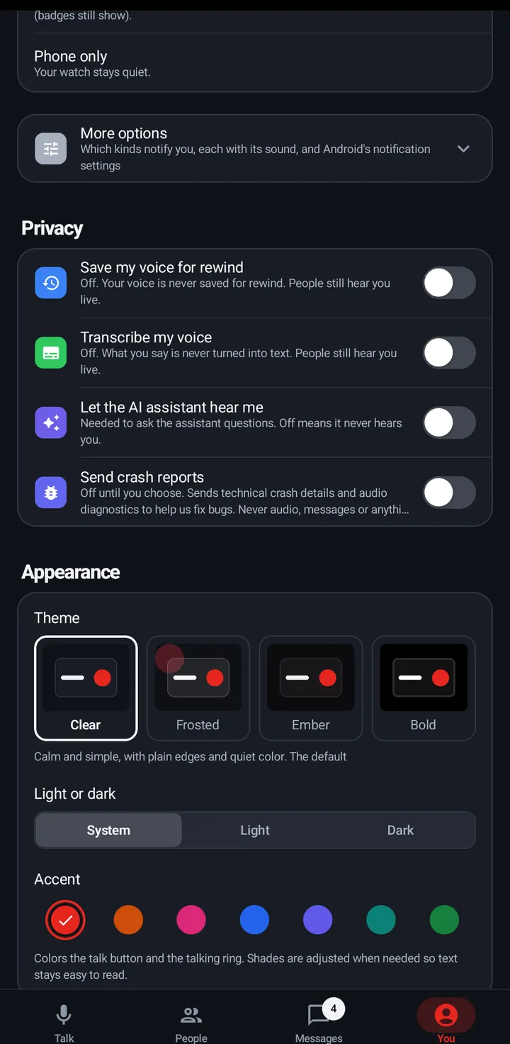You › Privacy: Save my voice for rewind, Transcribe my voice, Let the AI assistant hear me and Send crash reports, all off, then Appearance.