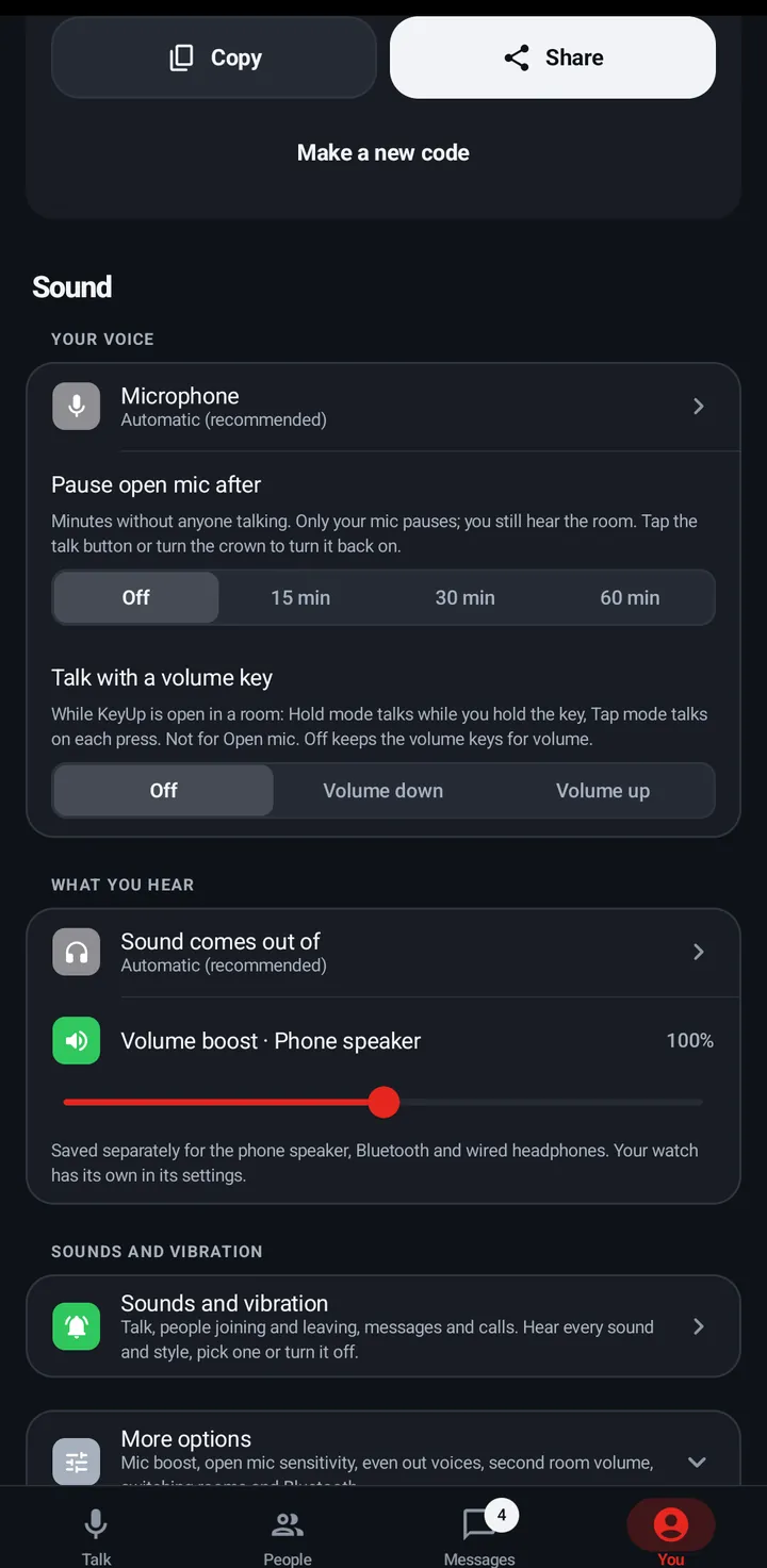 You › Sound: Microphone, Pause open mic after (Off, 15, 30, 60 min), Talk with a volume key (Off, Volume down, Volume up), Sound comes out of and Volume boost.