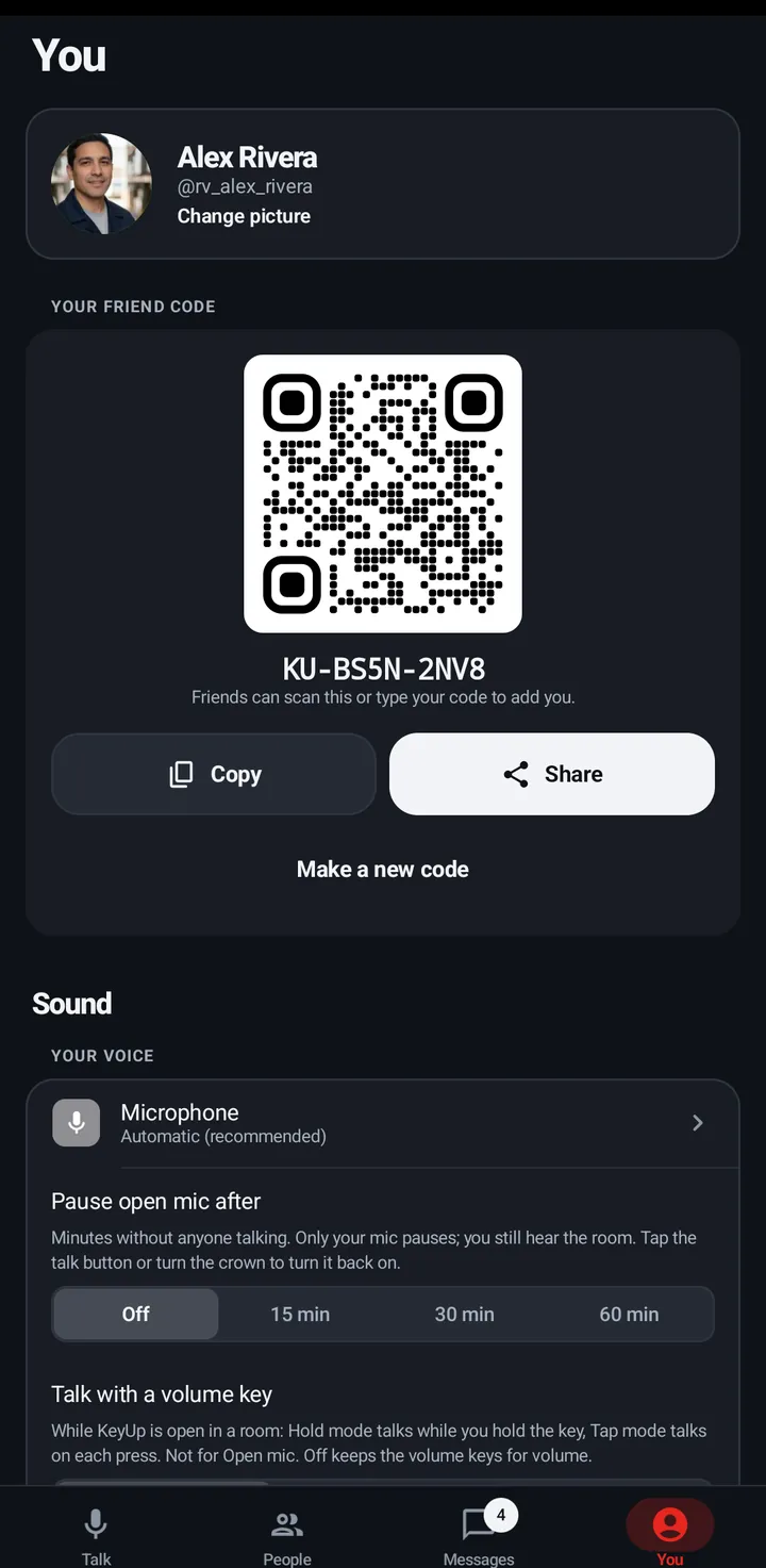 The top of the You tab: your name, username and Change picture, then Your friend code with a QR code, the code, Copy, Share and Make a new code.