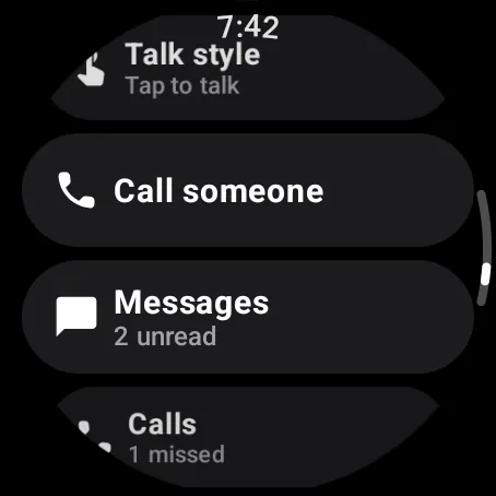 Watch Actions: Talk style (Tap to talk), Call someone, Messages (2 unread) and Calls.