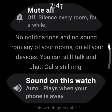 Watch Quiet: Mute all, then Sound on this watch set to Auto, “Plays when your phone is away”.