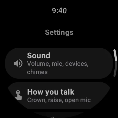Watch Settings: Sound, How you talk, Rooms, Notifications, Privacy, Appearance, Account and Help.