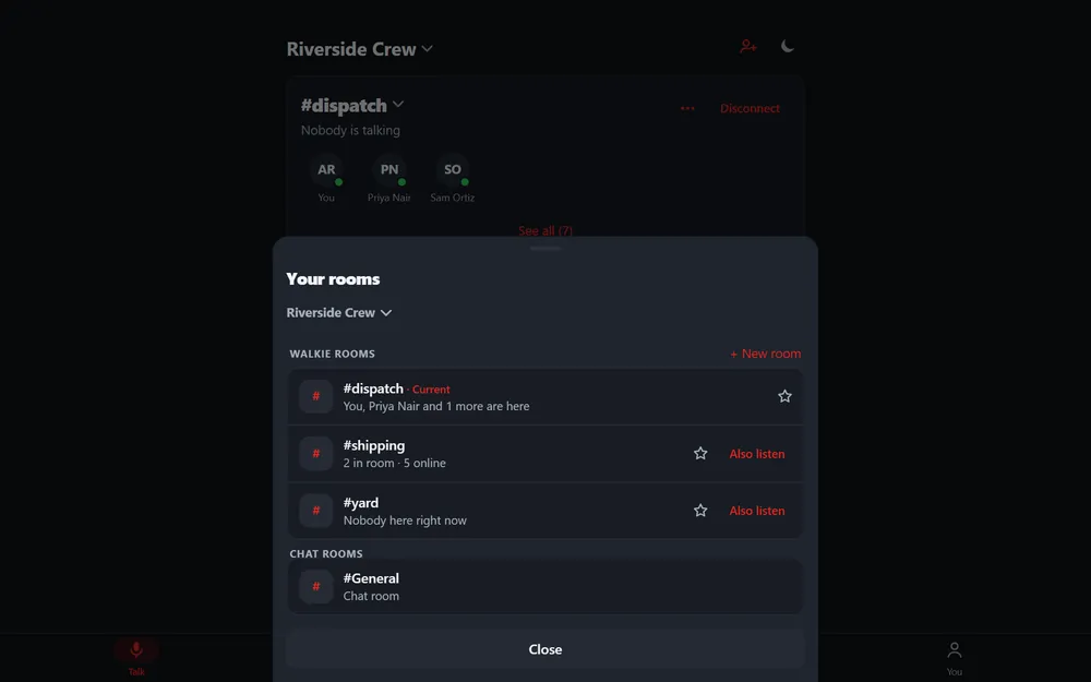 Your rooms in the web app: #dispatch marked Current, #shipping and #yard with a star and Also listen, New room, and the #General chat room.